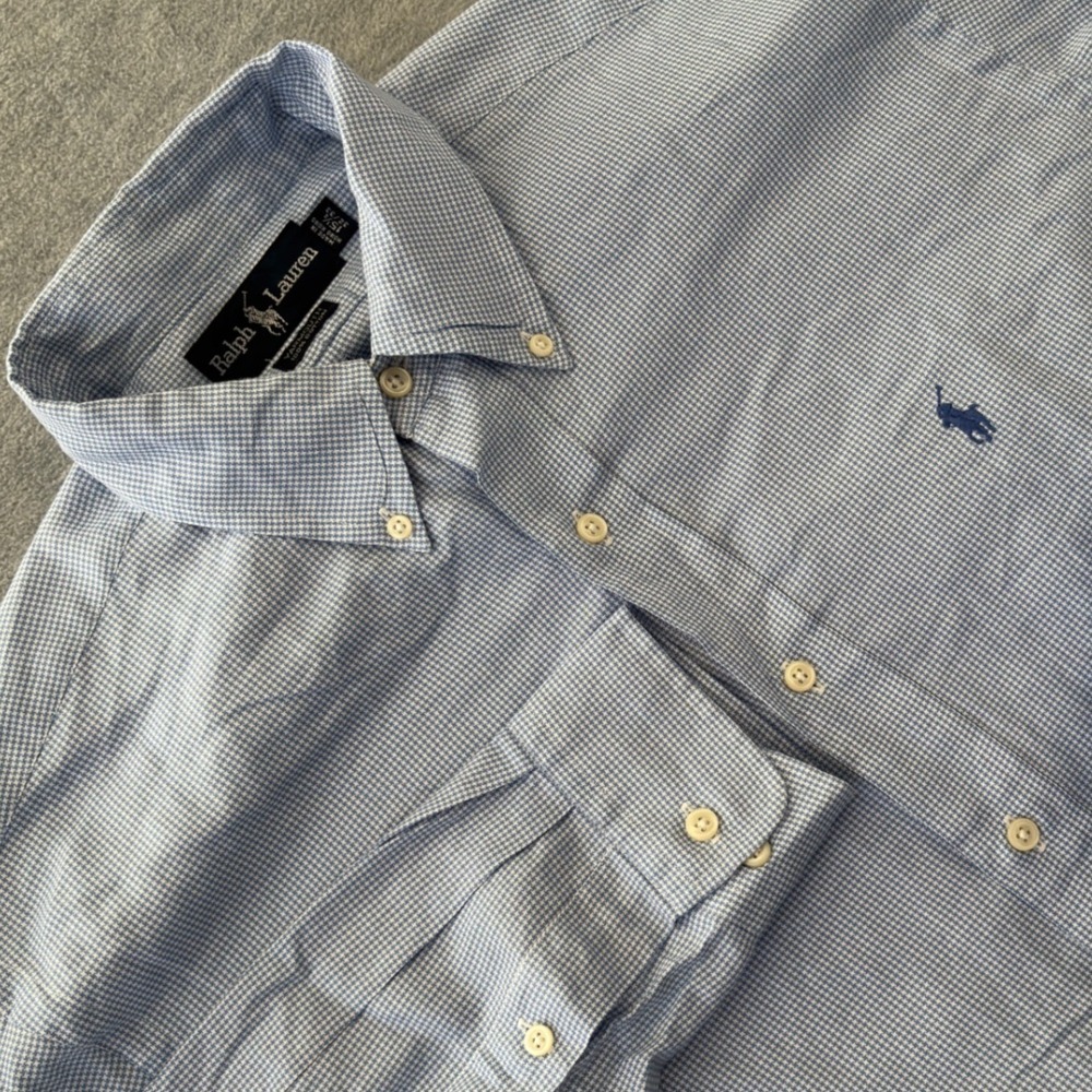 Ralph Lauren Yarmouth Mens 15.5 32/33 Blue White Micro Check Cotton Shirt